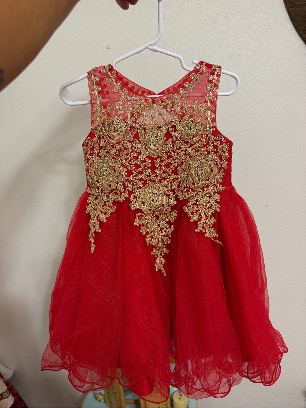 Tip Top Kids Red Dress with Gold Floral Embroidery
